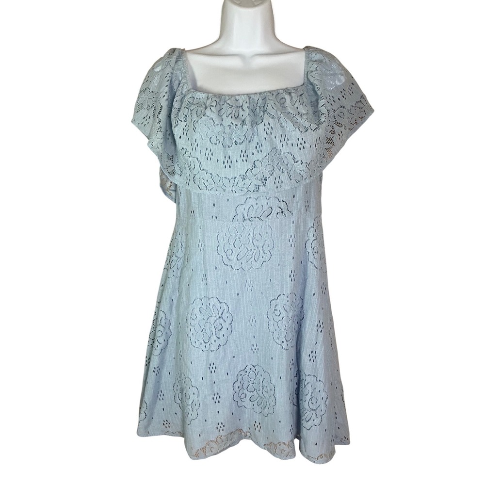 Unbranded Eyelet Lace Dress Womens S Light Blue Excellent Ruffle Off Shoulder